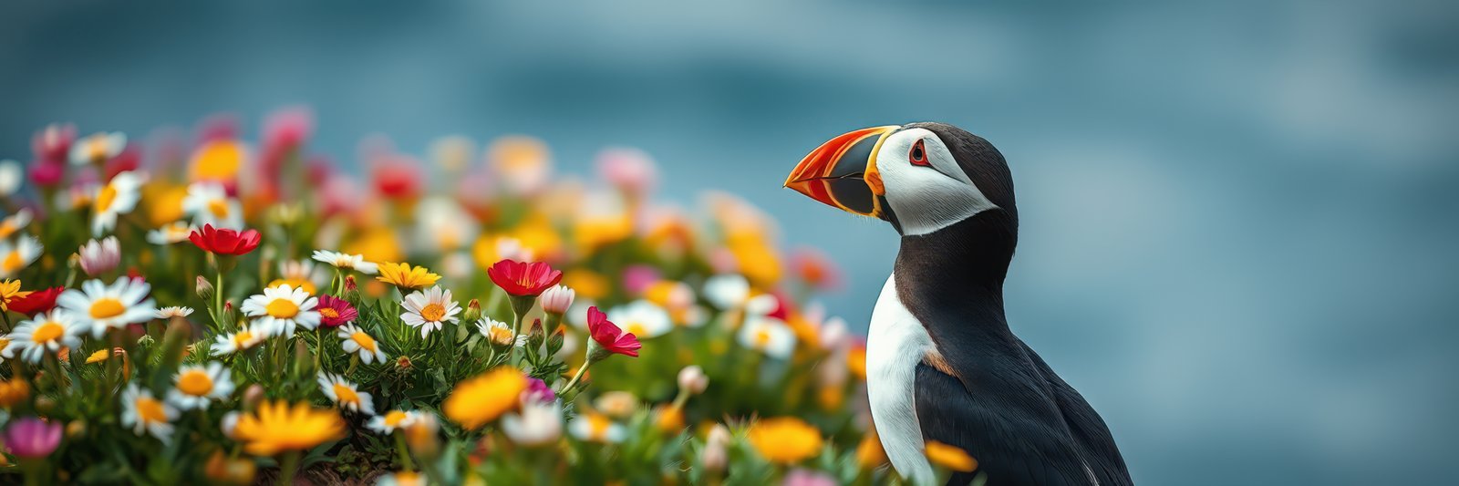 Puffin stands proudly near colorful flowers beside the ocean under clear blue skies at a coastal location